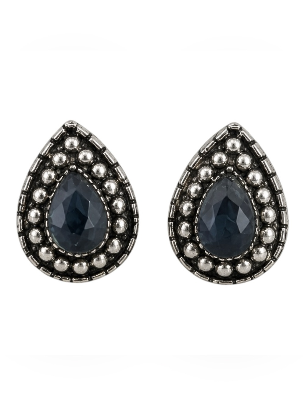 Teardrop Navy Blue Faceted Crystal Stud Earrings Pierced Silver Tone Earrings